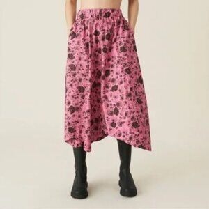 Ganni Rose-print Organic-cotton Midi Skirt